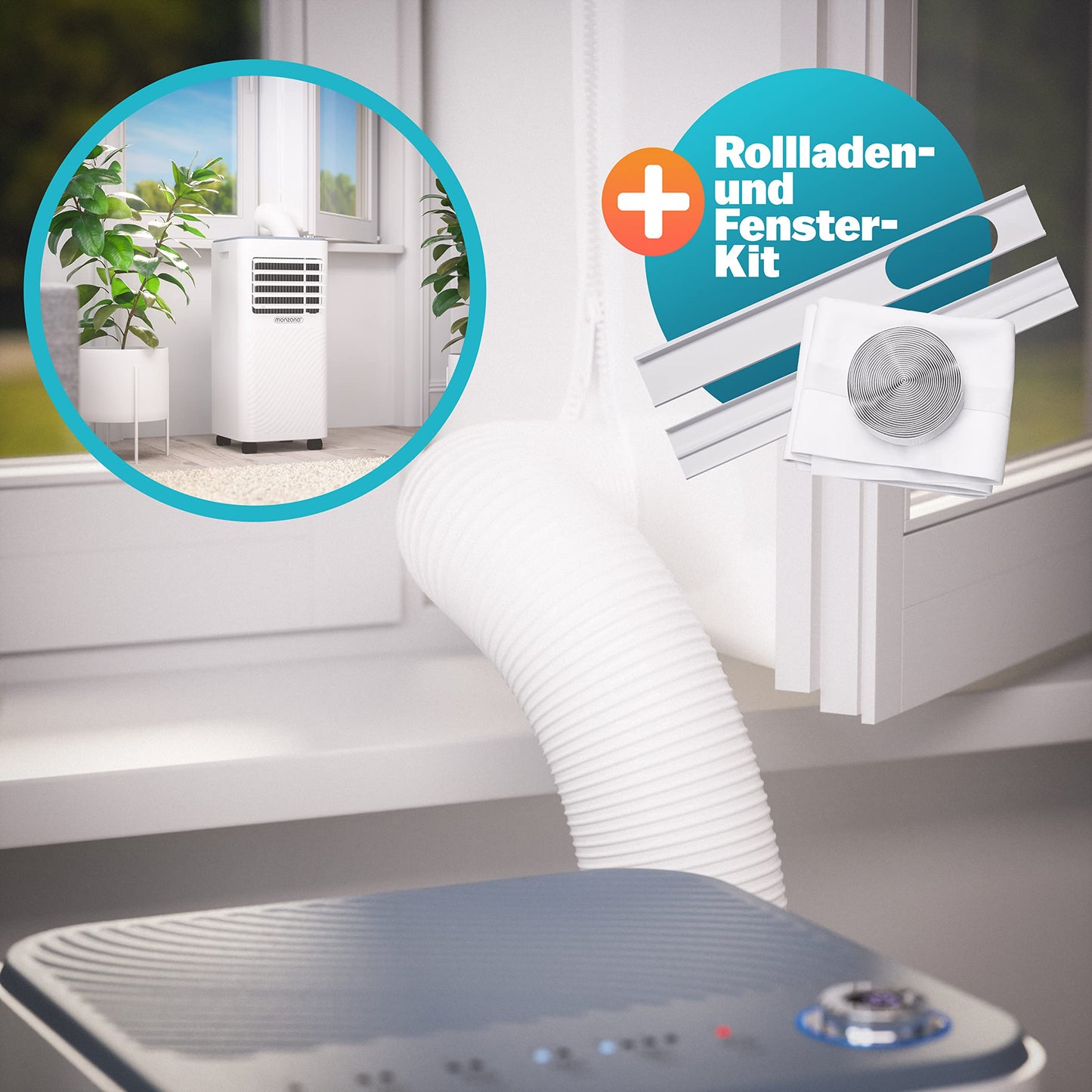 MONZANA® Climatiseur mobile MZKA2600 Tuyau d'évacuation 9000 BTU 4en1 1000W Alexa Déshumidificateur Kit volet roulant