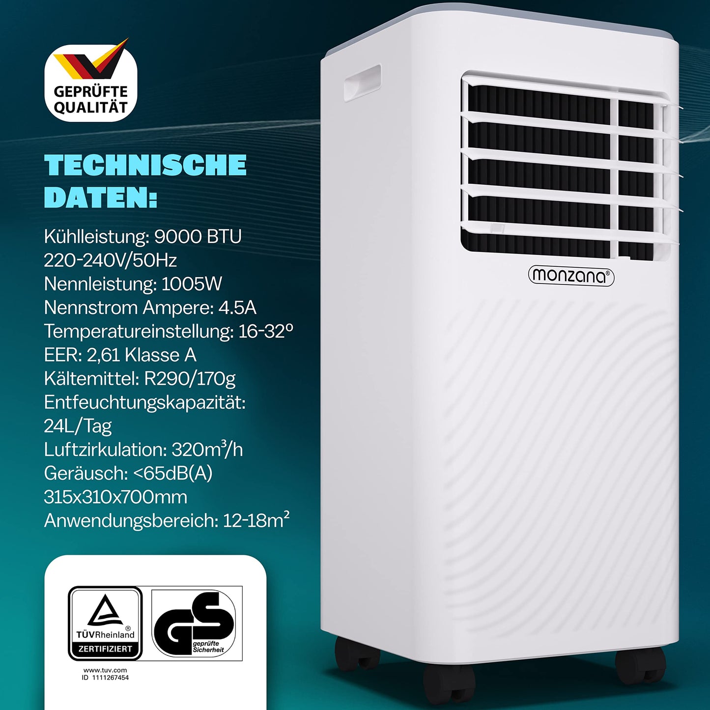 MONZANA® Climatiseur mobile MZKA2600 Tuyau d'évacuation 9000 BTU 4en1 1000W Alexa Déshumidificateur Kit volet roulant
