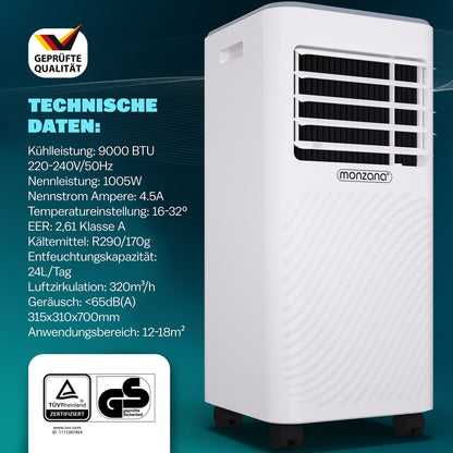 MONZANA® Climatiseur mobile MZKA2600 Tuyau d'évacuation 9000 BTU 4en1 1000W Alexa Déshumidificateur Kit volet roulant