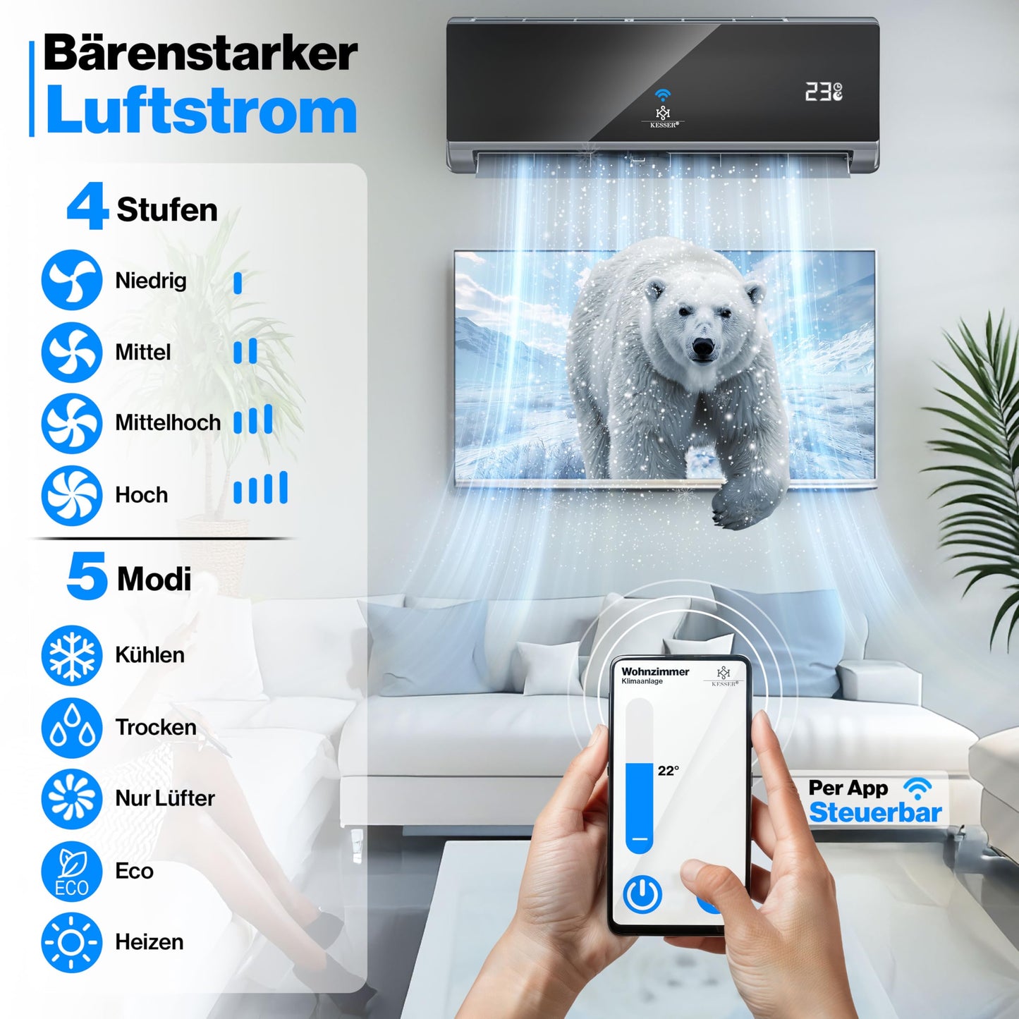 KESSER® Climatisation SET réversible - Climatiseur avec fonction WiFi/Application - Refroidissement A++/ Chauffage A+, Fluide réfrigérant R32 - Écran LCD, Split 12000 BTU/h / 3400 Watt - Anthrazit
