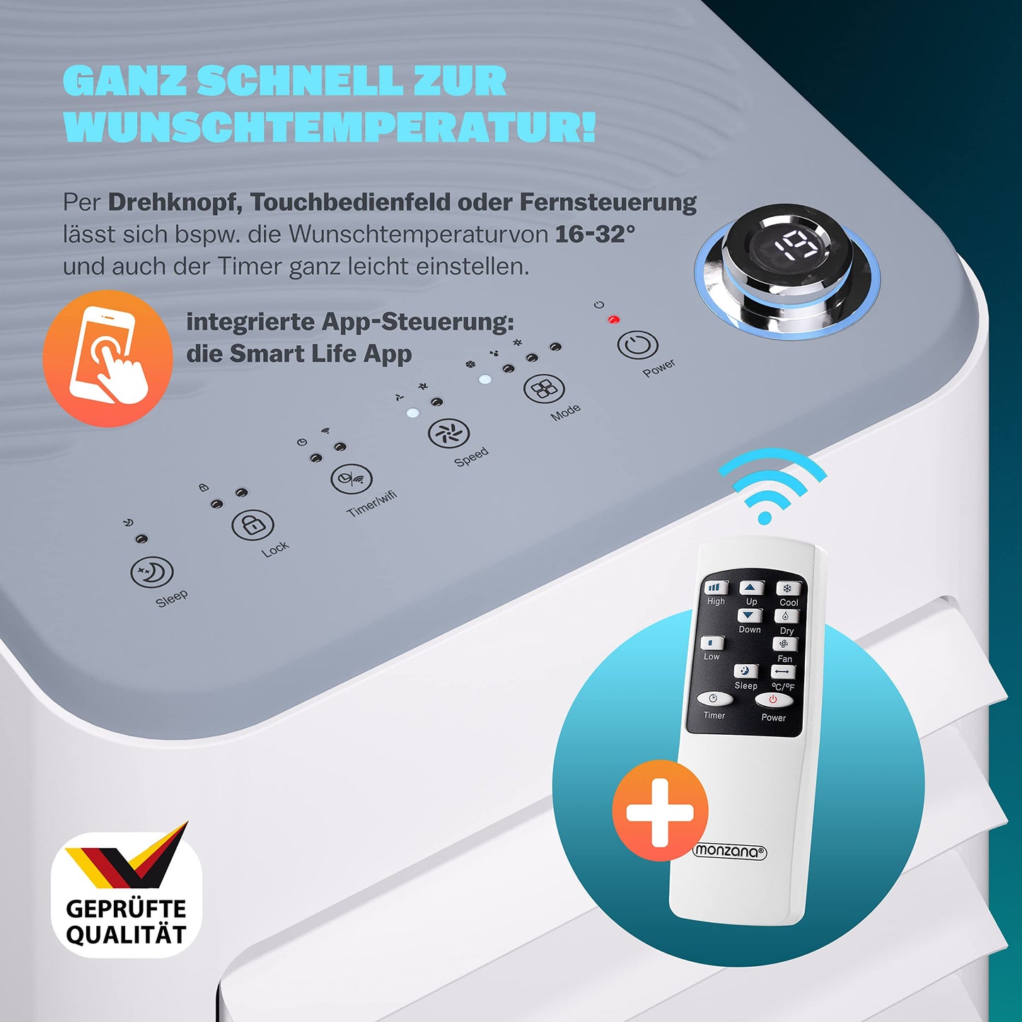 MONZANA® Climatiseur mobile MZKA2600 Tuyau d'évacuation 9000 BTU 4en1 1000W Alexa Déshumidificateur Kit volet roulant