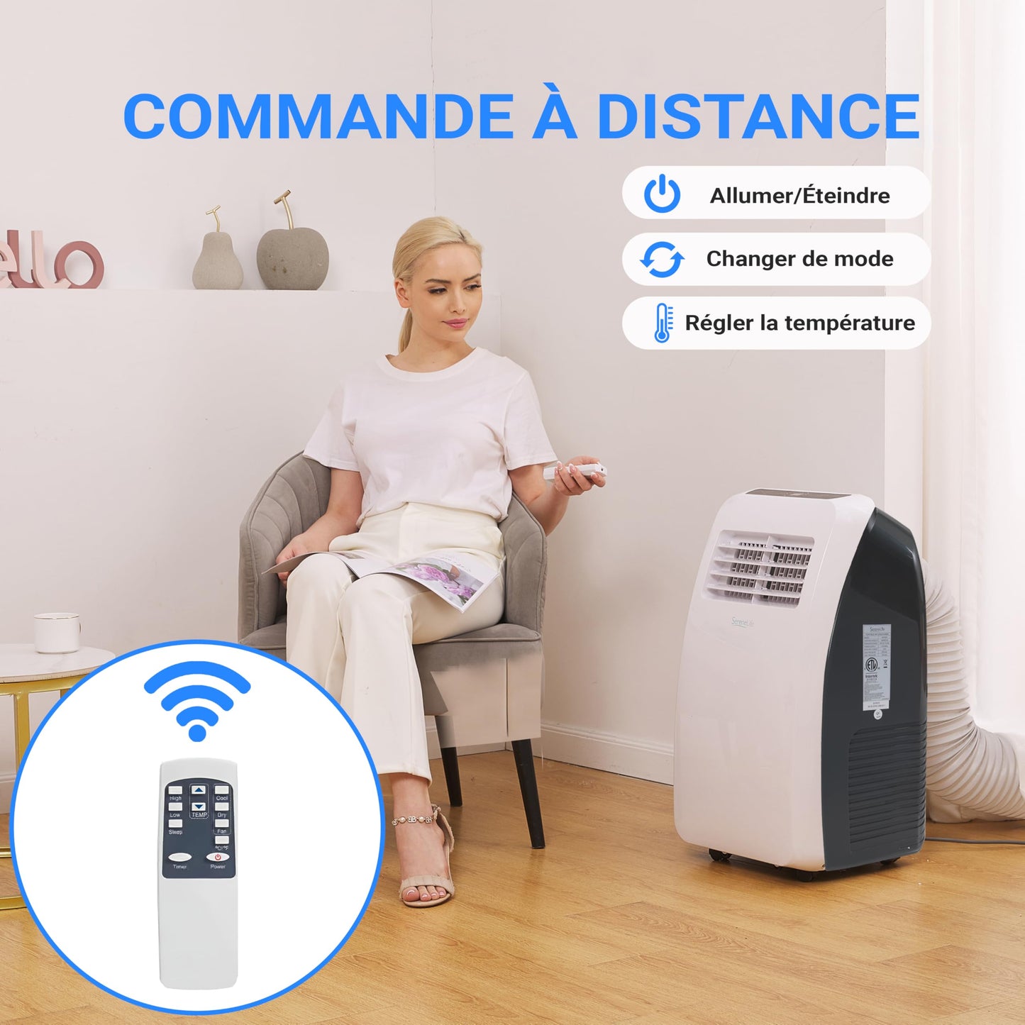 SereneLife Climatiseur Mobile Silencieux,7K BTU, Climatiseur Portable 3-en-1 avec Fonction Déshumidificateur Intégrée, Mode Ventilateur, Télécommande, Kit d'Évacuation Complet pour Fenêtre,Blanc