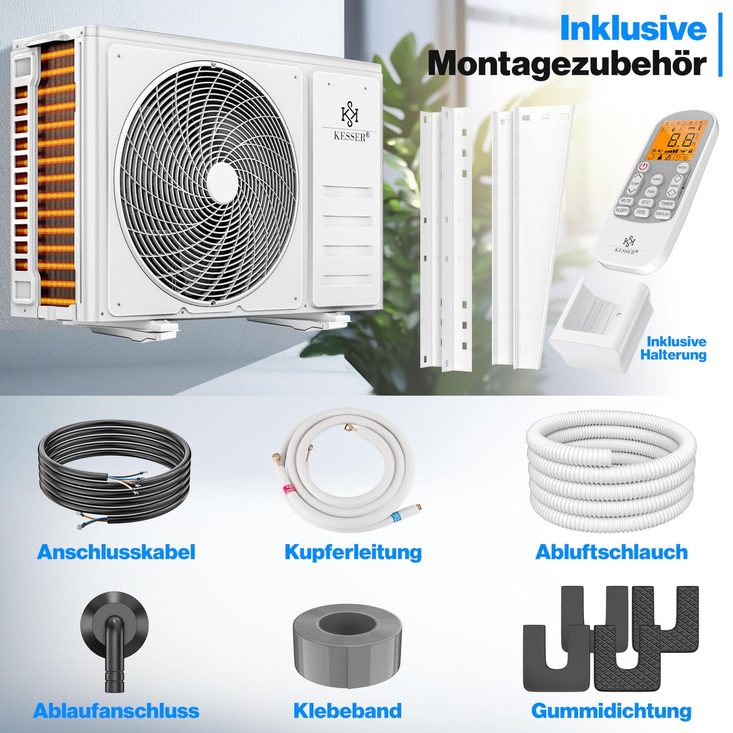 KESSER® Climatisation SET réversible - Climatiseur avec fonction WiFi/Application - Refroidissement A++/ Chauffage A+, Fluide réfrigérant R32 - Écran LCD, Split 12000 BTU/h / 3400 Watt - Anthrazit