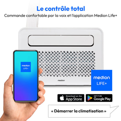 MEDION Smart Climatiseur Split P502 (5000 BTU, 3-en-1, Refroidir, Déshumidification, Ventilation, pour caravane, camping-car, kit de joint de fenêtre, mode sommeil, contrôle Wifi, Écran, MD 37735)