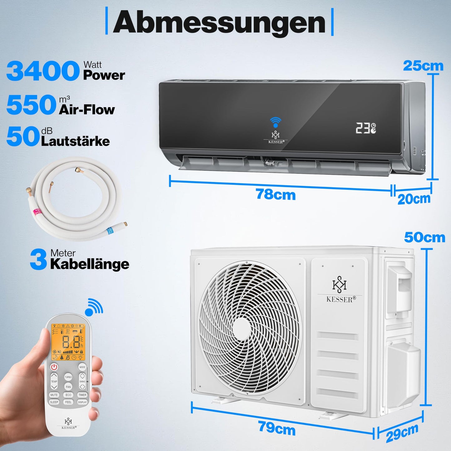 KESSER® Climatisation SET réversible - Climatiseur avec fonction WiFi/Application - Refroidissement A++/ Chauffage A+, Fluide réfrigérant R32 - Écran LCD, Split 12000 BTU/h / 3400 Watt - Anthrazit