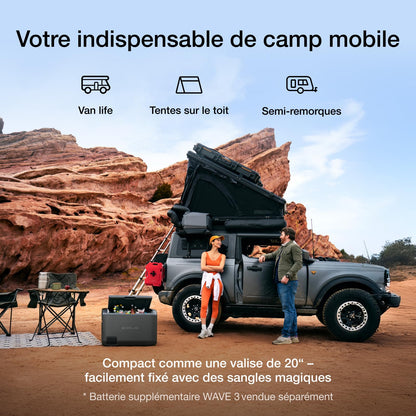 Climatiseur portable EcoFlow WAVE 3, refroidissement 6100 BTU, chauffage 6800 BTU, charge rapide 1000W en 75 mins, autonomie de 8h, contrôle via application, idéal pour camping, tentes, RVs,SUVs