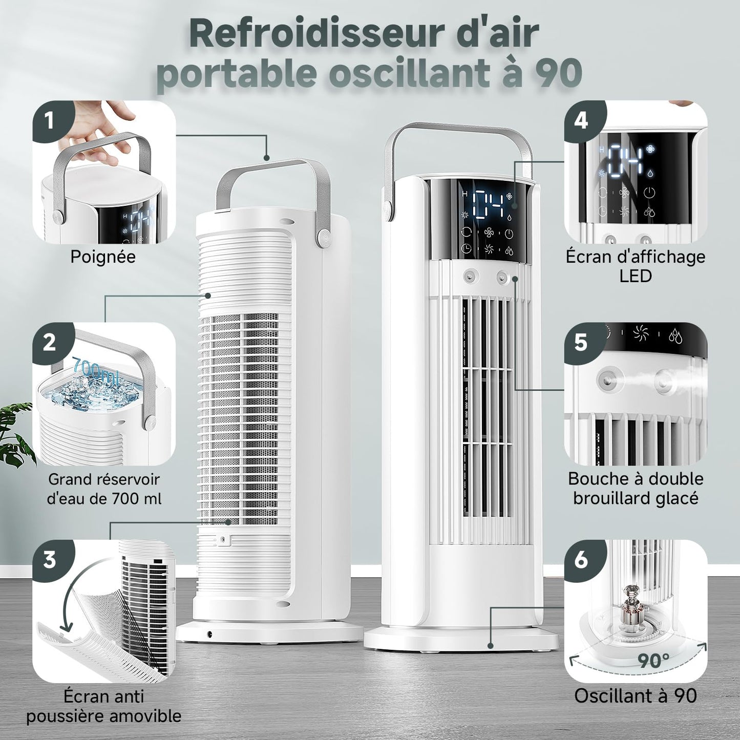 Climatiseur Mobile 5 en 1 avec Brumisation - Rafraîchisseur d'Air Silencieux, 4 Vitesses Confort Vent Naturel, 700ML Réservoir, Télécommande, Oscillation 90°, Tension 12V Disponible