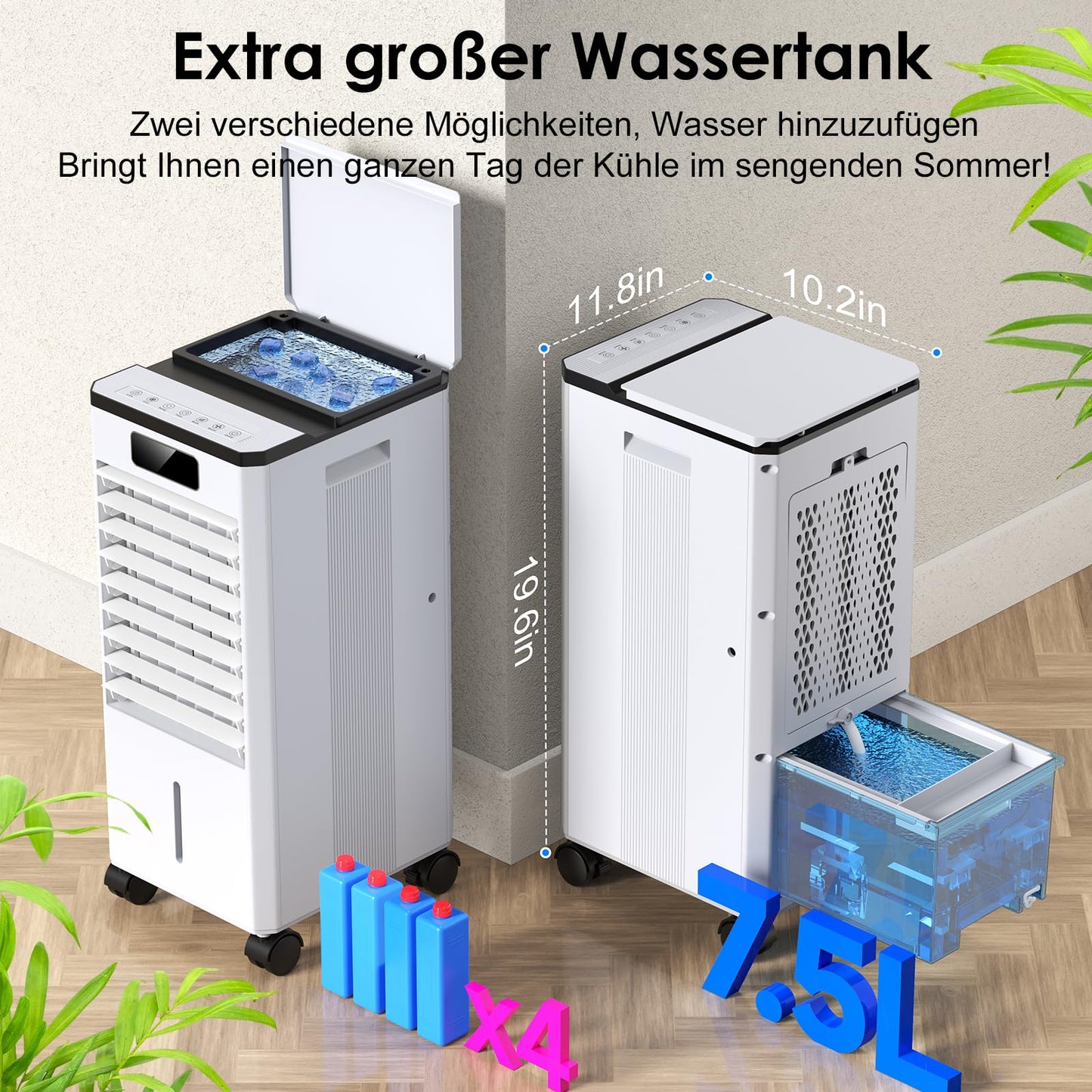 Climatiseur portable Max 7,5 L-refroidissement évaporatif à cristaux de glace, grand réservoir, télécommande, 3 vitesses, orientable 60°/120°, minuterie 1-12h, faible consommation, silencieux, pour