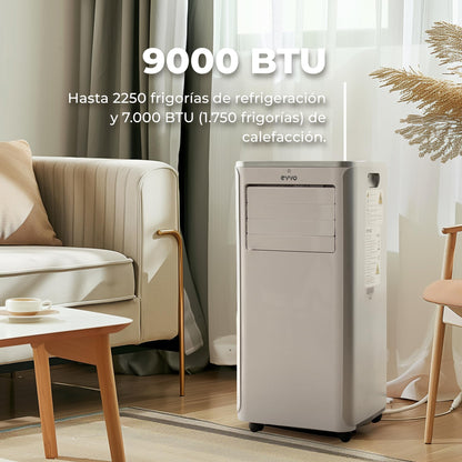 EVVO Climatiseur portable froid et chaud, classe A, 9 000 BTU, télécommande et minuterie 24h, 4 en 1, déshumidificateur, ventilation, jusqu'à 20 m² (modèle : CLIMA P9 froid et chaud)