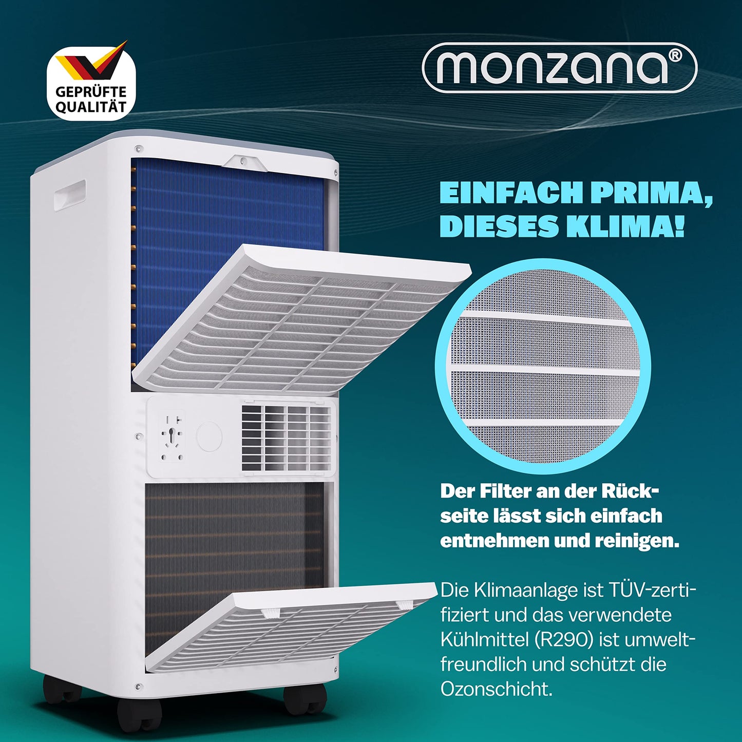 MONZANA® Climatiseur mobile MZKA2600 Tuyau d'évacuation 9000 BTU 4en1 1000W Alexa Déshumidificateur Kit volet roulant
