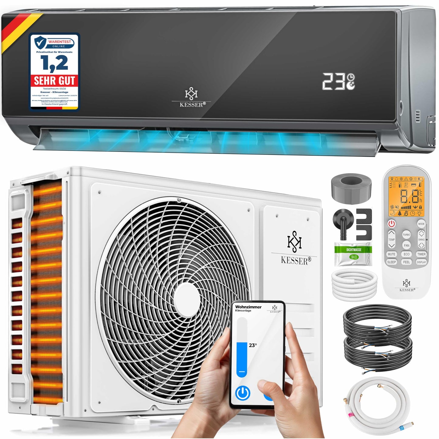 KESSER® Climatisation SET réversible - Climatiseur avec fonction WiFi/Application - Refroidissement A++/ Chauffage A+, Fluide réfrigérant R32 - Écran LCD, Split 12000 BTU/h / 3400 Watt - Anthrazit