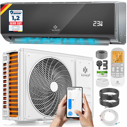 KESSER® Climatisation SET réversible - Climatiseur avec fonction WiFi/Application - Refroidissement A++/ Chauffage A+, Fluide réfrigérant R32 - Écran LCD, Split 12000 BTU/h / 3400 Watt - Anthrazit